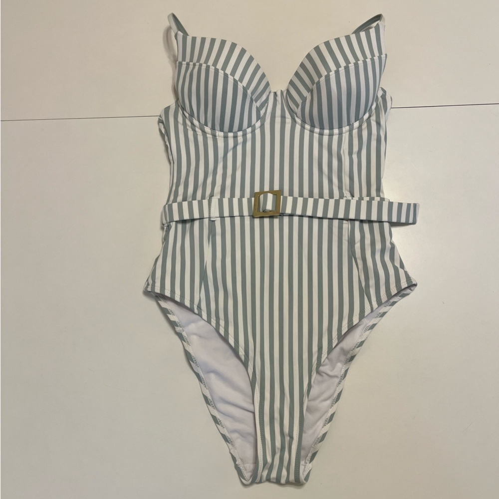 LIKE NEW We Wore What Green & White Striped One Piece Swimsuit Size S